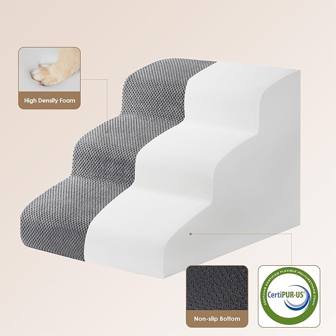 EHEYCIGA Curved Dog Stairs Ramp for Small Dogs 15.7" H, 3-Step Dog Steps for Couch Sofa and Chair, Pet Stairs for Cats, Non-Slip Balanced Pet Steps Indoor, Grey