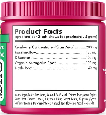 Cranberry UTI Chews for Dogs Bladder Support + D-Mannose Supports Kidney Urinary Tract and Bladder Health Natural Cranberry Wellness Supplement Immune System Booster Natural Pet Antioxidant 120 Chews