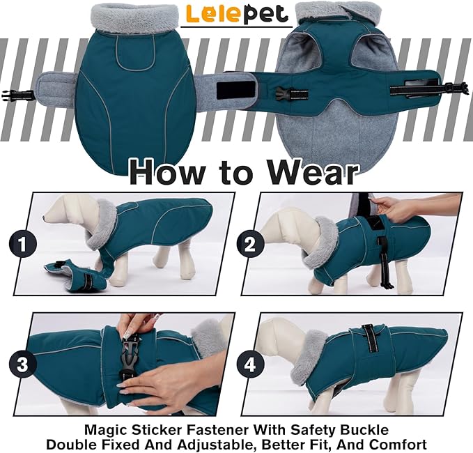 Lelepet Warm Dog Coats for Large Dogs Waterproof Dog Winter Jacket Reflective Pet Fleece Vest Windproof Cold Weather Coats with Adjustable Buckle & Leash Hole, Dark Green, XL
