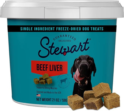Stewart Beef Liver Dog Treats, 21 oz, ~475 Pieces, Freeze Dried Raw, Single Ingredient, 50% Protein Training Treats or Meal Topper in a Value Size Resealable Tub, Grain Free, Gluten Free