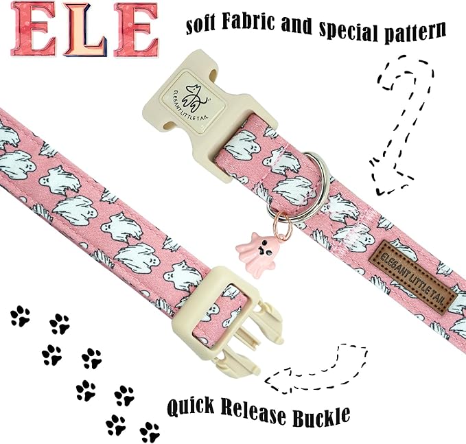 Elegant little tail Halloween Dog Collar, Ghost Print Pink Halloween Pet Collars Cotton Soft Sturdy Puppy Collars Holiday Female Adjustable Collar for X-Small Puppy