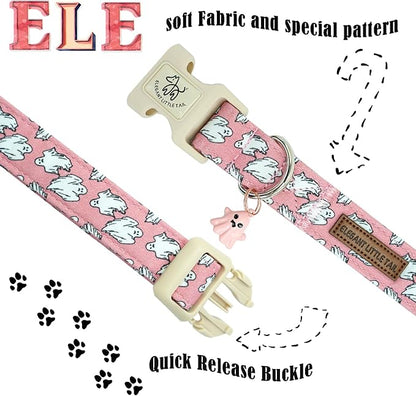 Elegant little tail Halloween Dog Collar, Ghost Print Pink Halloween Pet Collars Cotton Soft Sturdy Puppy Collars Holiday Female Adjustable Collar for X-Small Puppy