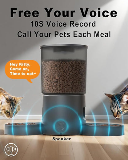 Automatic Cat Feeder for 2 Cats,Dry Food Dispenser with Double Bowls and Clear 4.2L Capacity,Programmable Portion Control,Up to 6 Meals per Day,10-Second Voice Recording,Dual Power-Black