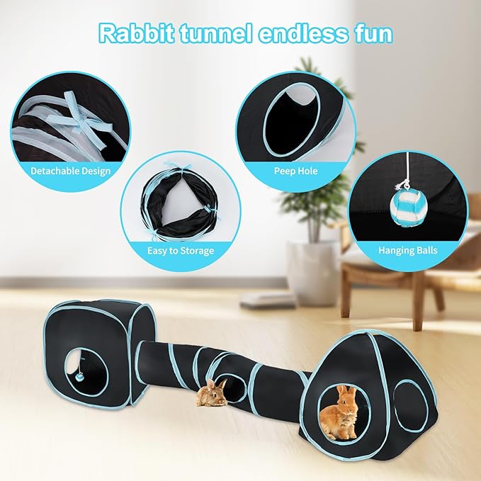 BWOGUE Bunny Tunnels & Tubes Collapsible Rabbit Hideout Tube and Foldable Cubes Playground Small Animal Activity Hideaway for Dwarf Rabbits Bunny Guinea Pigs Kitty (Blue Black)