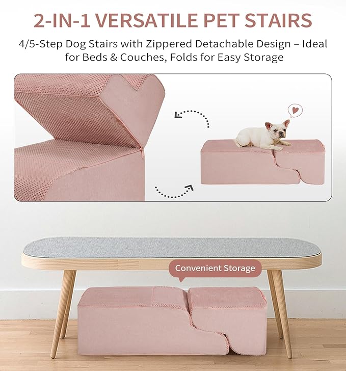 Made4Pets Dog Stairs Ramp for High Bed 22.8" H, 5-Step Pet Stairs for Bed Couch Sofa Climbing, 35D Foam Pet Steps for Small Dogs and Cats, Non-Slip Bottom Dog Steps, Pink