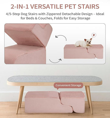 Made4Pets Dog Stairs Ramp for High Bed 22.8" H, 5-Step Pet Stairs for Bed Couch Sofa Climbing, 35D Foam Pet Steps for Small Dogs and Cats, Non-Slip Bottom Dog Steps, Pink