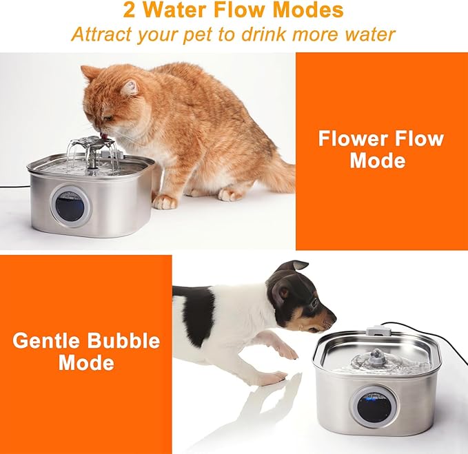 Stainless Steel Cat Water Fountains 3.2L with Water Level Window & 2 Filters,Ultra Quiet Cat Fountains for Drinking,Pet Water Fountain for Indoor,Automatic Water Dispenser for Cats/Dogs