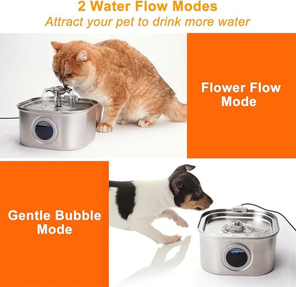 Stainless Steel Cat Water Fountains 3.2L with Water Level Window & 2 Filters,Ultra Quiet Cat Fountains for Drinking,Pet Water Fountain for Indoor,Automatic Water Dispenser for Cats/Dogs