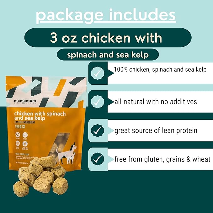 Momentum Carnivore Nutrition Freeze-Dried Chicken, Spinach & Sea Kelp Dog Treats & Cat Treats – Single-Ingredient Recipe, High-Protein, Grain-Free, Natural Superfood Blend – Made in USA – 3 oz Bag