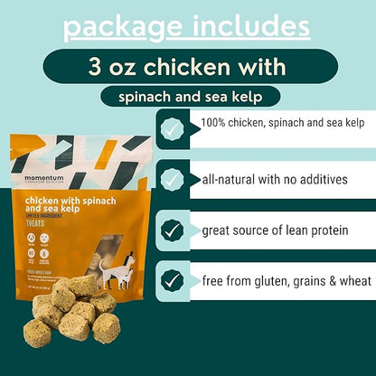 Momentum Carnivore Nutrition Freeze-Dried Chicken, Spinach & Sea Kelp Dog Treats & Cat Treats – Single-Ingredient Recipe, High-Protein, Grain-Free, Natural Superfood Blend – Made in USA – 3 oz Bag
