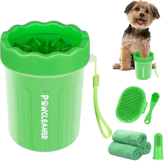 Professional 7 in 1 Dog Paw Cleaner for Dogs & Cats - Includes 1 Portable Paw Washer, 1 Bath Brush, 2 Dog Toothbrushes and 3 Absorbent Towels Note: Fits Paws up to 2 Inches Wide (Small, Green)