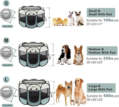 Dog Cat Playpen, Puppy Pet Playpen Indoor for Small Dog Crate Tent Cage Outdoor, Portable Pop Up Dogs Enclosure Kennel with Carrying Case for Dogs/Cats/Rabbits, (Grey, Small