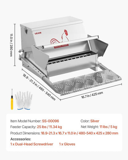 VEVOR Automatic Chicken Feeder, 25 lbs Upgraded Rainproof Treadle Poultry Feeder with Lockable Lid, No Waste, Galvanized Steel Construction, Outdoor Use, for Chicken, Bantams, Poultry, Pheasants