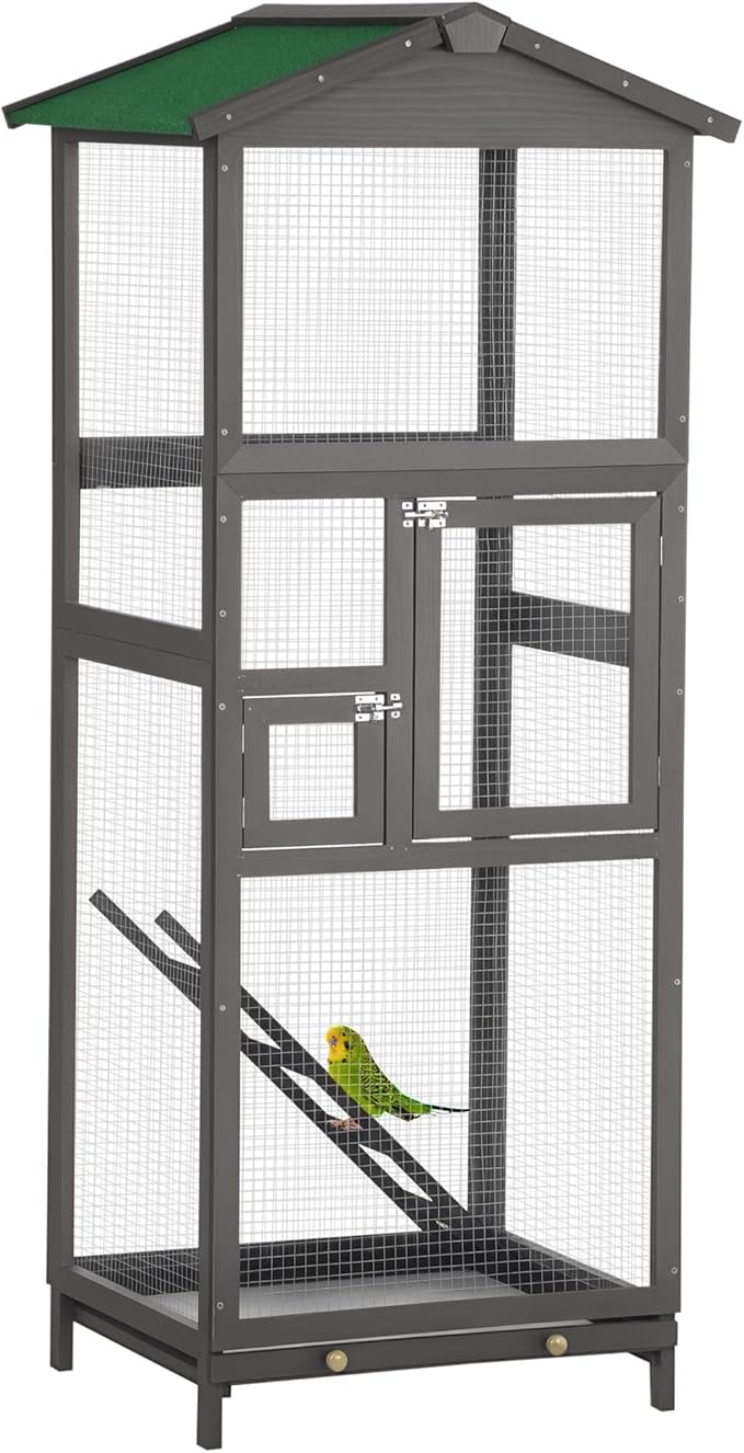 PawHut 65" Wooden Bird Cage Outdoor Aviary House for Parrot, Parakeet, with Pull Out Tray and 2 Doors, Grey