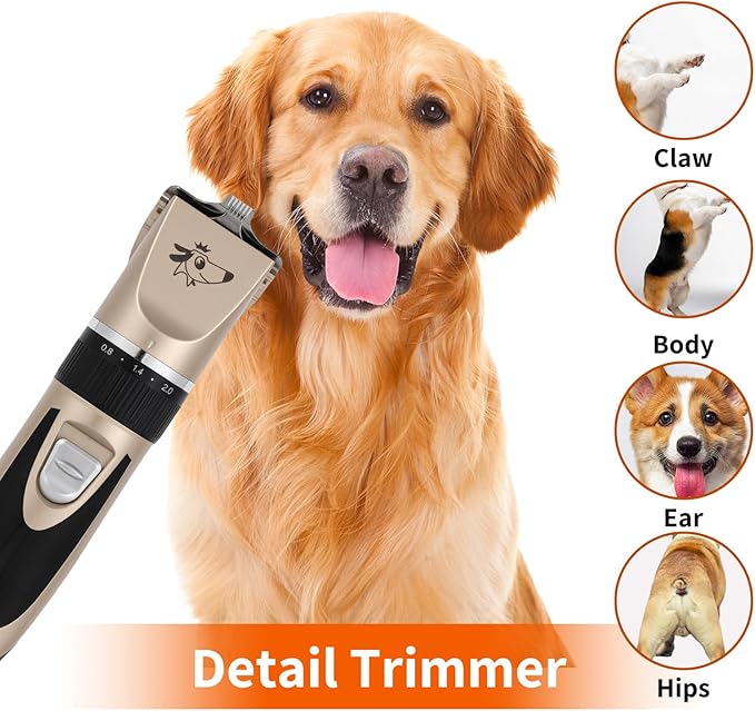 Aovdy Dog Clippers Grooming Kit Dog Shaver Clippers Hair and Paw Electric Cleaning Hair Clippers Set for Dogs Cats Rabbit (Gold, Limit Combs Set+Foot Shaving Blade)