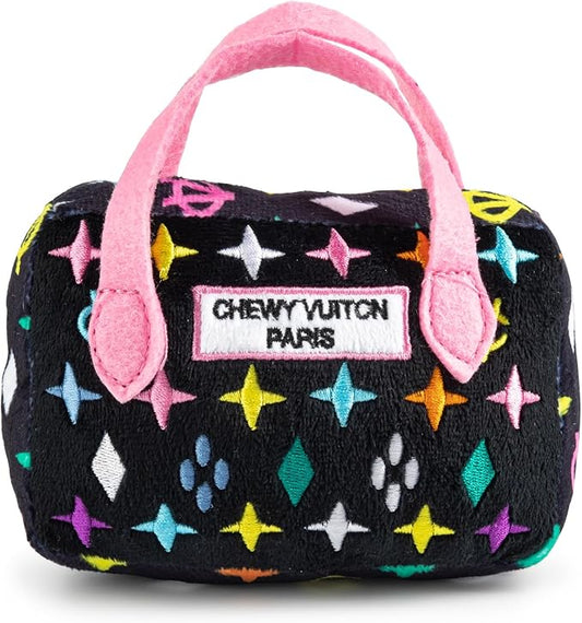 Haute Diggity Dog Black Monogram Chewy Vuiton Handbag, Plush Designer Dog Toys with Interactive Squeaker, Stimulating Pet Enrichment, Machine-Washable & Safe Materials for All Breeds, Size Small