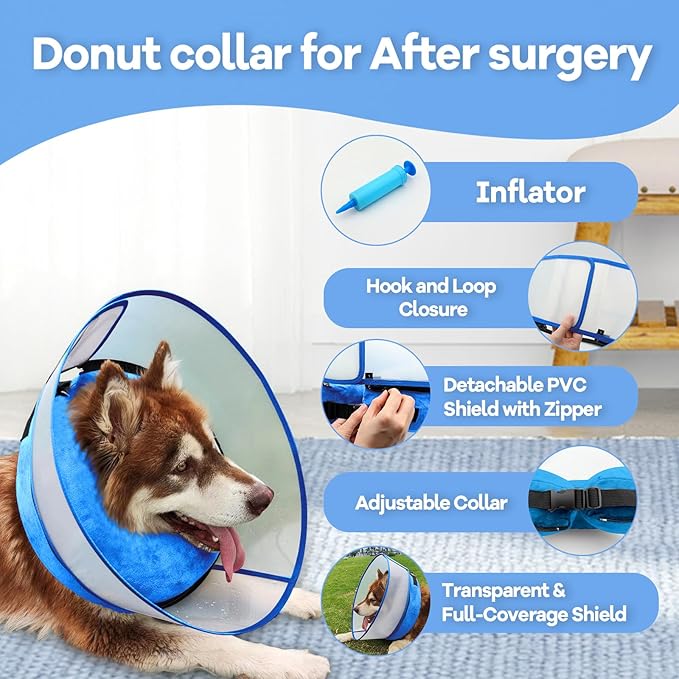 2-in-1 Upgraded Inflatable Dog Cone Collar with Detachable Anti-Licking Shield, Soft Adjustable Elizabethan Collar for Dogs After Surgery (XL, Blue)