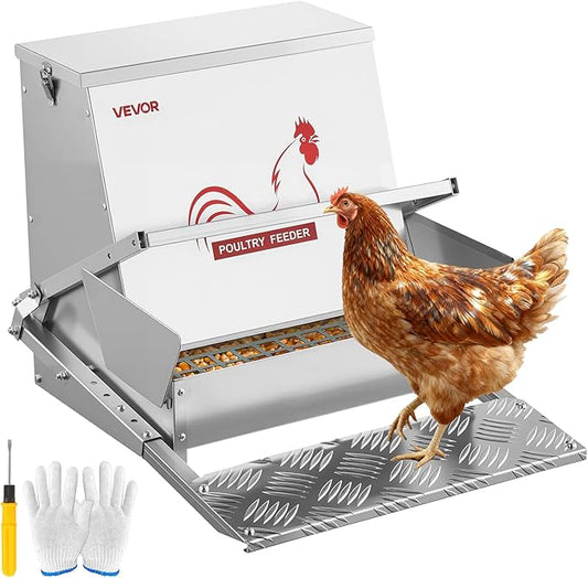 VEVOR Automatic Chicken Feeder, 40 lbs Capacity, Rainproof Treadle Poultry Feeder with Lockable Lid, No Waste, Galvanized Steel Construction, Outdoor Use, for Chicken, Bantams, Poultry, Pheasants