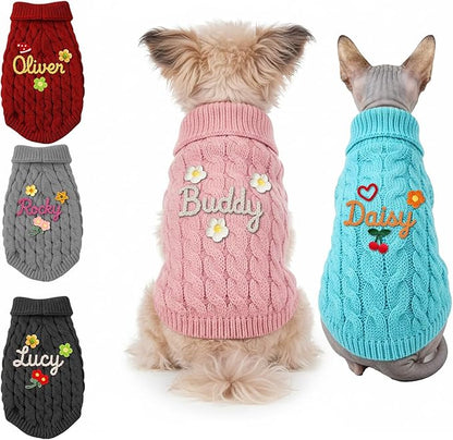 Personalized Hand Embroidered Names Dog & Cat Sweater, Custom Puppy Winter Clothes with Name, Personalized Christmas Dog Sweaters for Small &Large Pets, Birthday Xmas Gifts