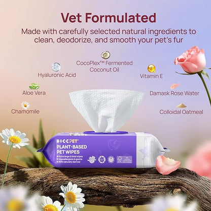 HICC PET Wipes for Dogs and Cats, Vet-Recommended Pets Cleaning Wipes, Deodorizing Hydrating, Nourishes Smoothes Fur, Fermented Coconut Oil Grooming Horse Skin, Coat & Hoof, Unscented, 100 Count