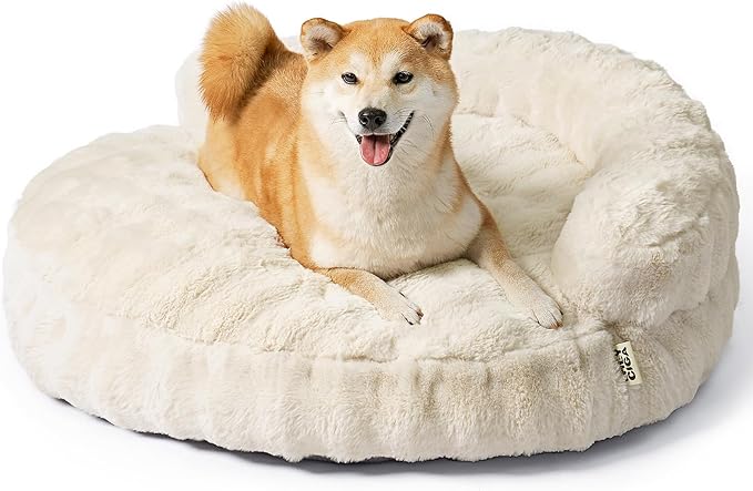 EHEYCIGA Large Dog Bed Sofa – Fluffy Faux Rabbit Fur Pet Couch for Medium and Large Dogs, Washable Removable Cover, Waterproof and Non-Slip, 36 Inch, Cream