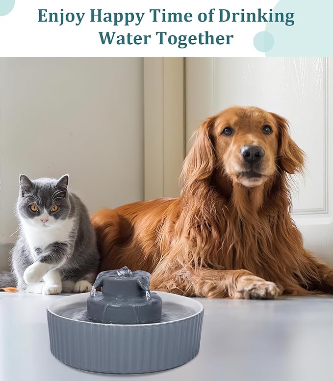 Ceramic Cat Water Fountain, Ceramic Pet Fountain, 2.1 L Drinking Fountains Bowl for Cats and Dogs with Replacement Filters and Foam(Grey)