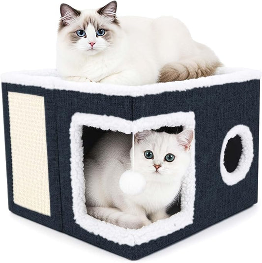 Cat Beds for Indoor Cats,Cat Cave,Cat Scratch House,Foldable Cat Cave Bed for Large and Small Pets,Fluffy Ball and Scratch Pad,16.14x16.14x12.2in,Navy Blue
