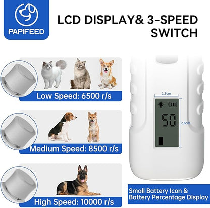 PAPIFEED Dog Nail Grinder Professional Pets, 3-Speed Electric Quiet Dog Nail Grinder, Rechargeable Dog Nail Trimmers - with 2 LED Lights/2 Grinder Wheels, for Small, Medium, (White)