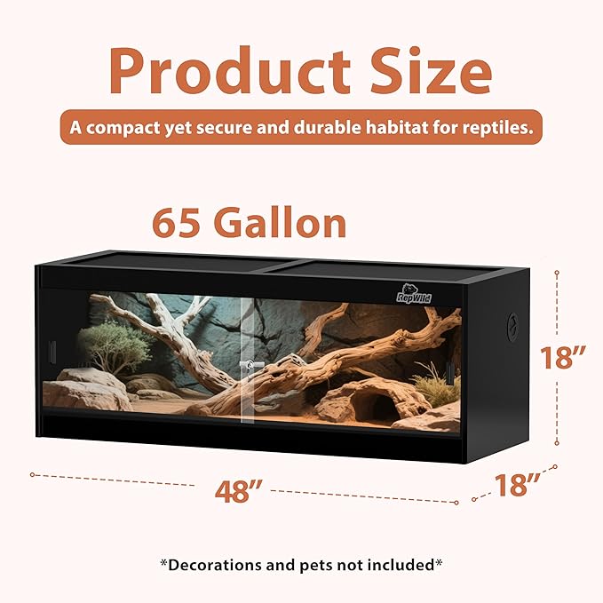 65 Gallon PVC Reptile Enclosure, RepWild 48"x18"x18" Terrarium/Tank with Heavy-Duty Screen Top, Glass Sliding Doors & Lock for Bearded Dragons, Ball Python, Geckos, Lizards
