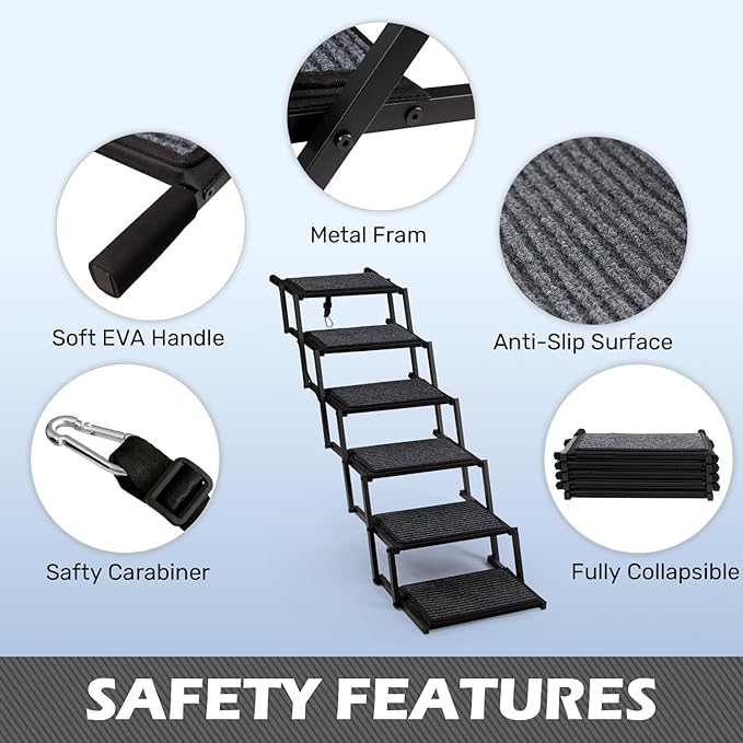 Dog Steps for Car, Truck and SUV - Foldable Pet Stairs for Large Dogs with Non-Slip Rug Surface, Lightweight Dog Ramp Holds Up to 250lbs, 6 Steps
