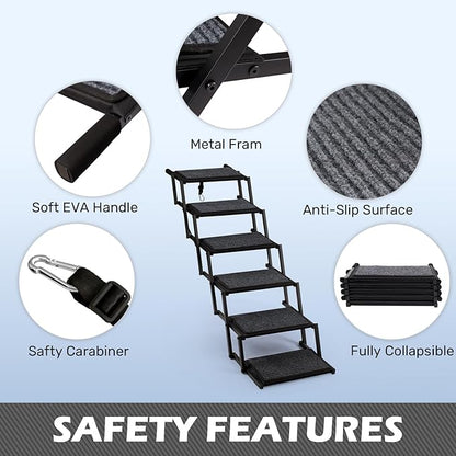 Extra Wide Dog Steps for Car, Truck and SUV - Foldable Pet Stairs for Large Dogs with Non-Slip Rug Surface, Lightweight Dog Ramp Holds Up to 250lbs, 6 Steps