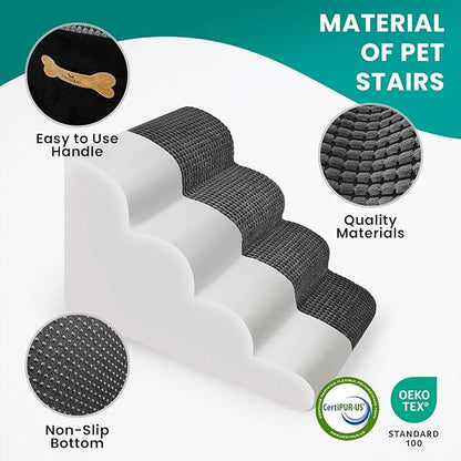 5-Step Dog Stairs for High Beds and Couch, Foam Ramp with Durable Non-Slip Waterproof Fabric Cover, Grey Pet Stairs for Small Dogs' Joints