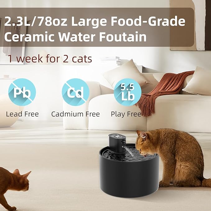 Ceramic Cat Water Fountain,Cat Water Fountain Cordless Sensor Automatic with Ultra-Quiet Pump and 4 Filter for Cats, Dogs, Multiple Pets