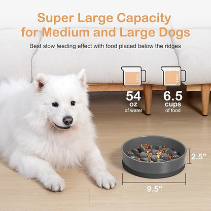 Sted Ceramic Slow Feeder Dog Bowl for Medium Large Breed, Puzzle Dog Food Bowl with Silicone Base, Maze Grey