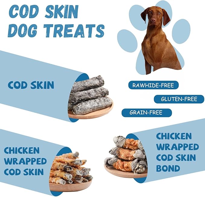 Dog Treats Natural Cod Skin Rolls, Rawhide-Free Chewy Fish Skin Dog Chews for Medium Large Breeds, One-Ingredient Healthy Training Treats Rich in Omega3 & Protein, 10.6 oz