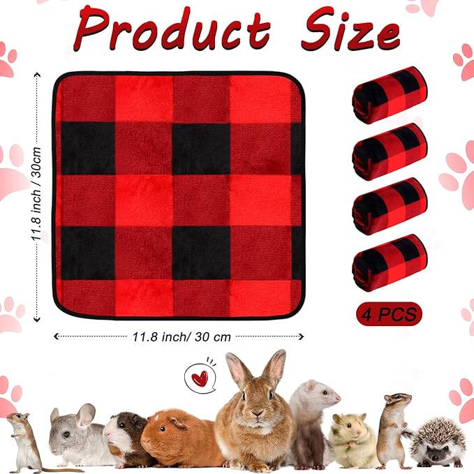 Reginary 4 Pcs Waterproof Guinea Pig Blankets Washable Small Animal Fleece Bedding Guinea Pig Cage Liners Reusable Training Pads Pet Pee Pad Sleep Mat for Hamster(Plaid,12 x 12 Inch)