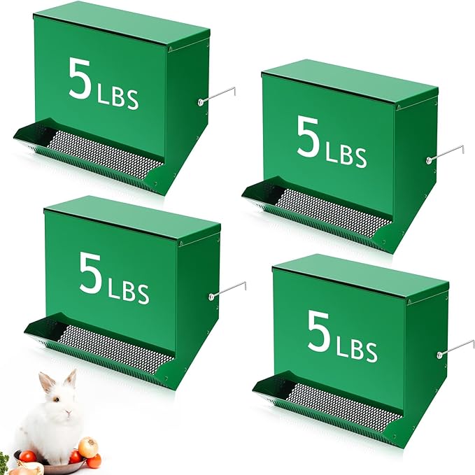Maxcheck 4 Pcs Rabbit Feeder for Cages Small Animal Food Dispenser with Lid Metal Rabbit Feeders Outside for Guinea Pig(11.8 Inches,Green)