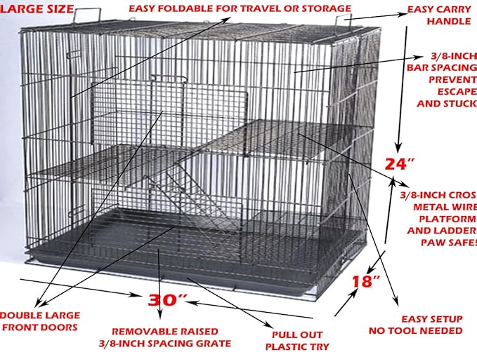 Large 3-Level Easy Foldable Chew-Proof with Tight 3/8 Inch Bar Spacing Shelves & Ladders for Ferret Chinchilla Sugar Glider Rats Mice Gerbil Mouse Metal Travel Carrier Cage Easy Clean Pull Out Tray