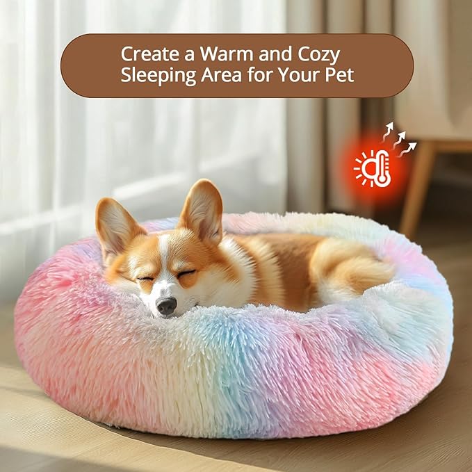 JOLLYVOGUE Small Dog & Cat Beds for Indoor Cats, Donut Cuddler Warming Soft Dog Beds with Anti-Slip Bottom, Round Calming Fluffy Plush Faux Fur Cushion Bed for Small Dogs (20", Rainbow)