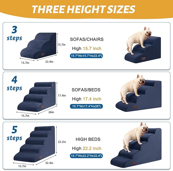 Dog Stairs and Steps for Beds Or Couches, 3-Step Pet Stairs & Steps for Small Dogs and Cats, Soft and Non-Slip Dog Ramp for Older Dogs,Pet with Joint Pain,Easy to Walk