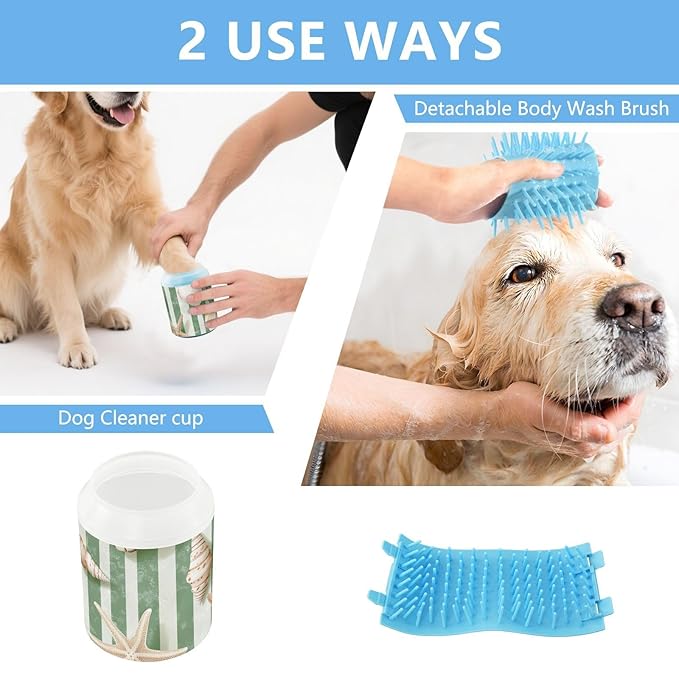 Dog Paw Cleaner Cups for Dogs Pets Foot Washer Paw Scrubber for Medium Small Dogs Cats Cleaning Cup Green and White Stripes Starfishes and Seashells