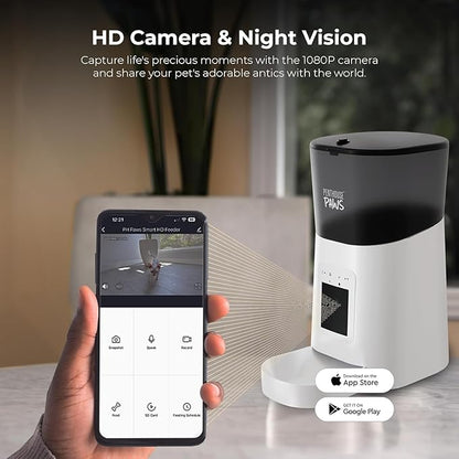 Smart HD Automatic Cat Feeder with 1080P Camera & Night Vision, 2-Way Audio, WiFi App Control, Anti-Jam 6L Cat Feeder with Backup Power, Easy to Clean, Schedules Up to 15 Meals for Cat & Dog, White