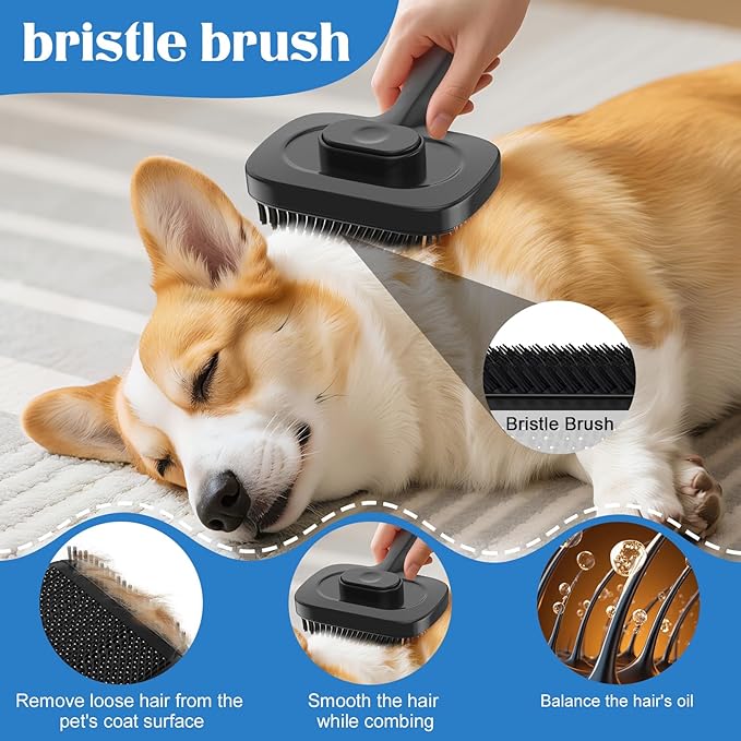 Self Cleaning Dog Brush for Shedding - Bristle Brush and Long/Short Needles Design, Skin Friendly, Slicker Deshedding Dog Brush, Hair Removal for Long & Short Haired Pets (Black)