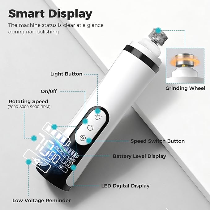 Upgraded Silent Dog Nail Grinder, Cordless Grooming Pro Nail Grinder with 3 Adjustable Speeds & Led Light, Painless Paws Grooming for Small Medium Large Dogs & Cats (2 Replacement Heads)