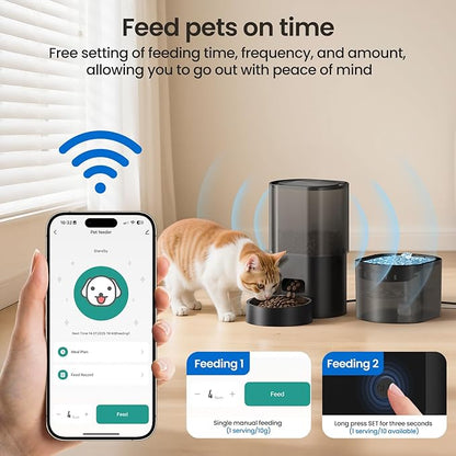 Automatic Cat Feeder and Water Fountain 5G WiFi Cat Food Dispensers, APP Remote Control, Programmable Timed Feeding,Dry Food Smart Feeder 10s Voice Recorder 1-10 Meals/Day for Cats Small Dogs