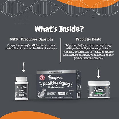 Zesty Paws NAD+ Precursor Supplement for Dogs - Niagen for Healthy Aging & Skeletal Muscle Support & Recovery - Brain, Heart, & Cellular Energy Support - Nicotinamide Riboside Chloride - 60 Capsules
