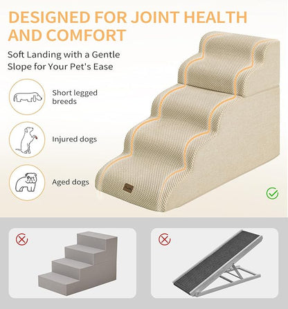 Made4Pets Dog Stairs Ramp for High Bed 22.8" H, 5-Step Pet Stairs for Bed Couch Sofa Climbing, 35D Foam Pet Steps for Small Dogs and Cats, Non-Slip Bottom Dog Steps, Beige