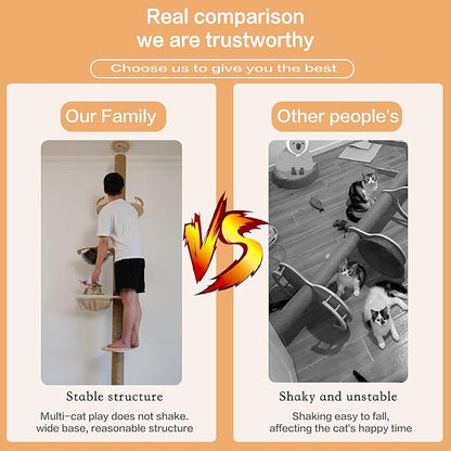 Floor to Ceiling Cat Tree Height (50-120in) Adjustable Cat Tower 5 Tier Hemp Scratching Post High Cat Tree Sturdy Activity Tree Indoor Outdoor Cat Scratching Post Activity Center