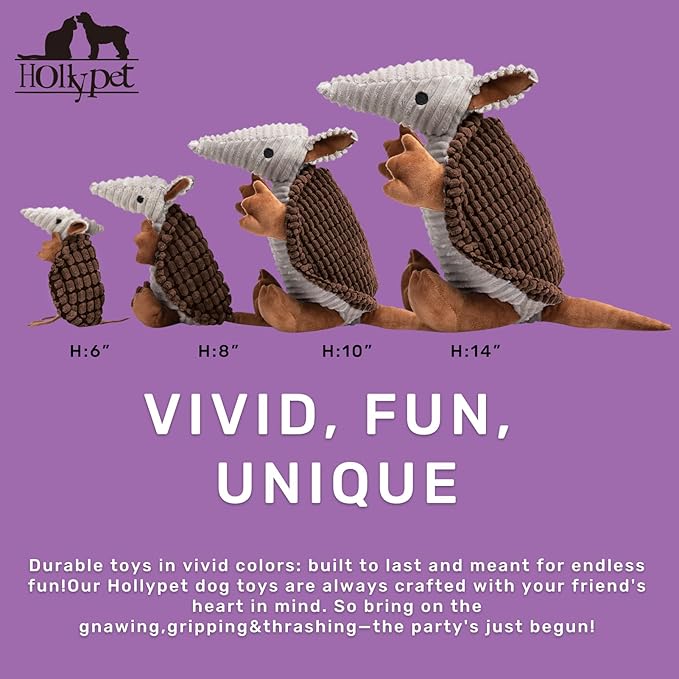 Hollypet Plush Dog Squeaky Toy Stuffed Armadillo Animal Pet Puppy Chew Toys with Clean Teeth for Small Medium Large All Breed Sizes Dogs, Brown, 6 in