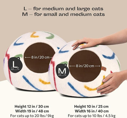 MEOWFIA Cat Cave – Premium Felt Cat Bed for Indoor Cats, Handmade 100% Merino Wool, Cat (Large, Ivory Rainbow)